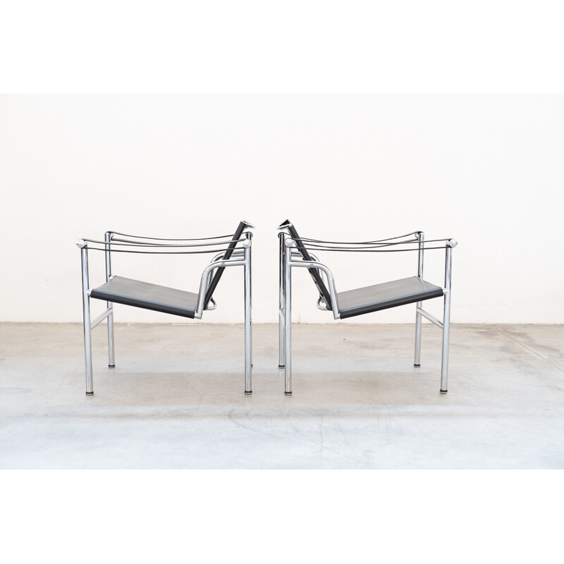 Pair of vintage LC1 armchairs in leather and steel by Le Corbusier and Pierre Jenneret for Cassina, Italy 1970