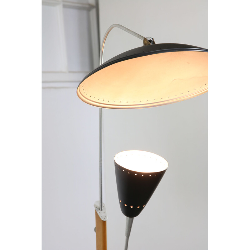 Vintage aluminum and wood floor lamp with reflector, Italy