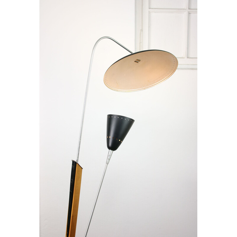 Vintage aluminum and wood floor lamp with reflector, Italy