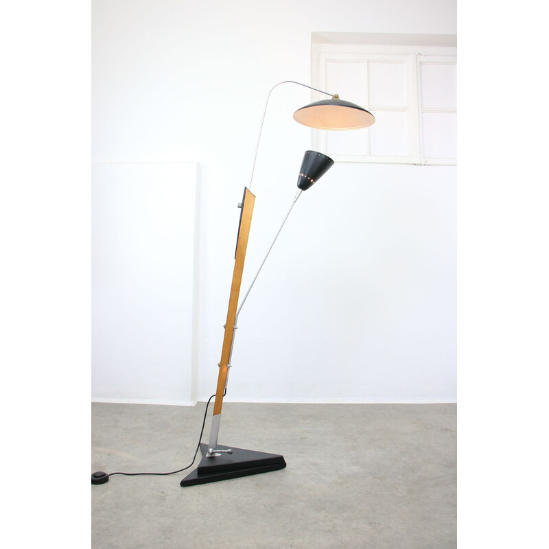 Vintage aluminum and wood floor lamp with reflector, Italy