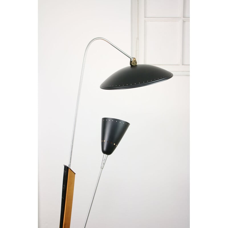 Vintage aluminum and wood floor lamp with reflector, Italy
