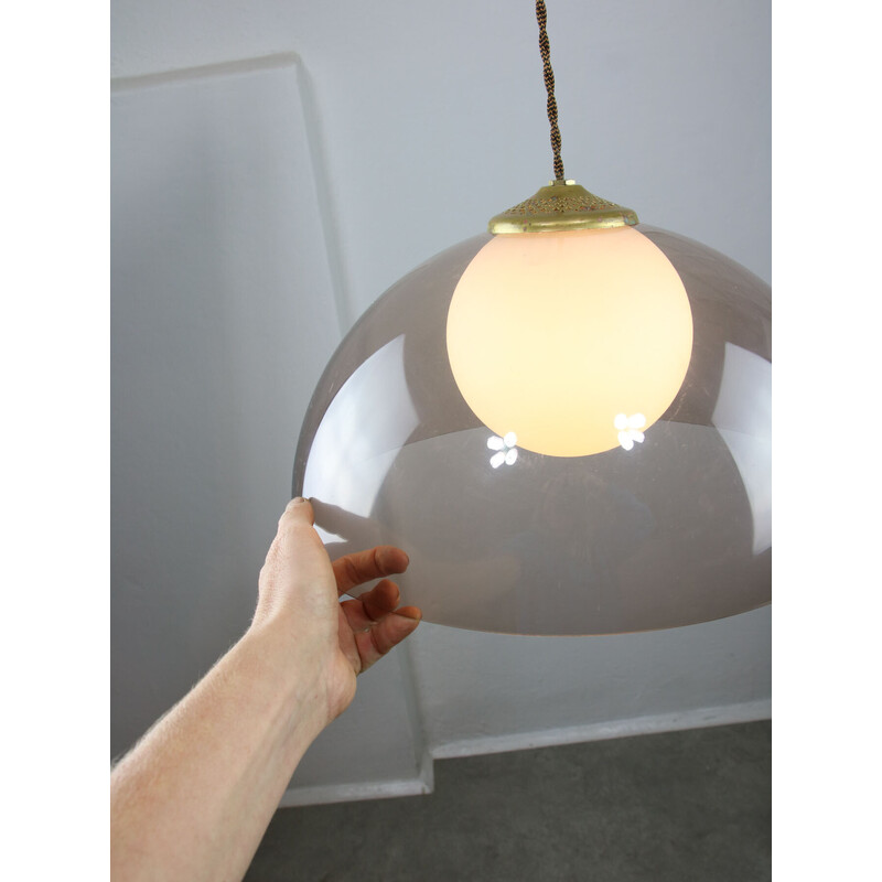 Vintage pendant lamp in brass and opaline glass, Italy