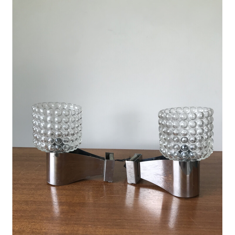 Pair of vintage chrome and glass wall lamp, 1970