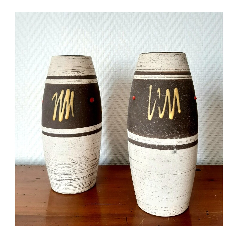 Pair of vintage beige and brown ceramic vases, Germany 1970