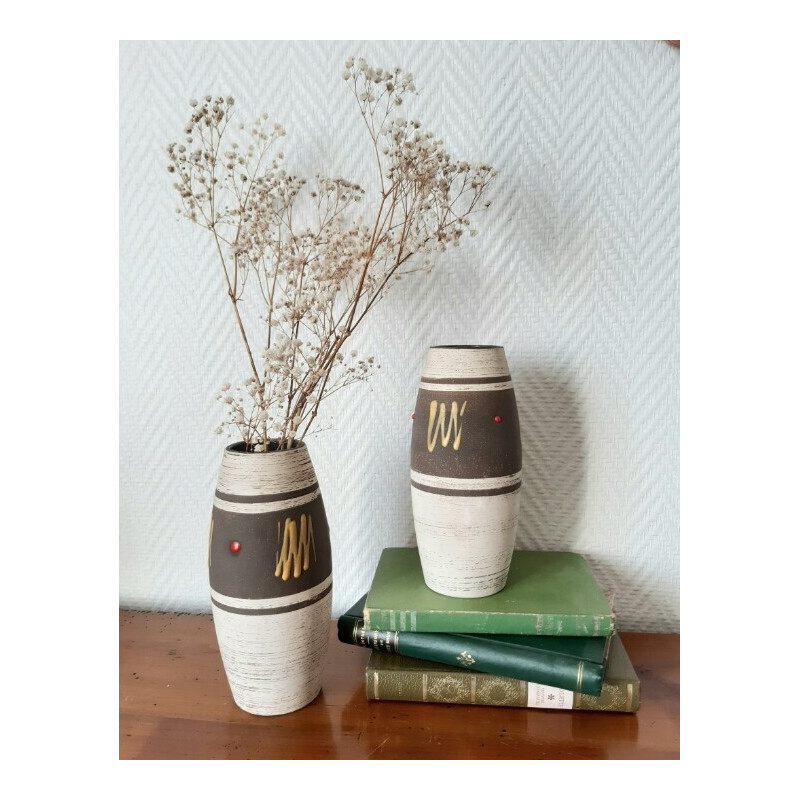Pair of vintage beige and brown ceramic vases, Germany 1970
