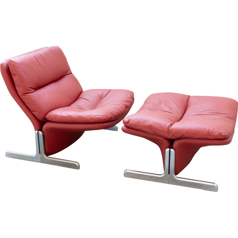 Vintage Sessel und Ottomane aus Metall und rotem Leder von Vitelli und Ammannati für Brunati, Italien 1980