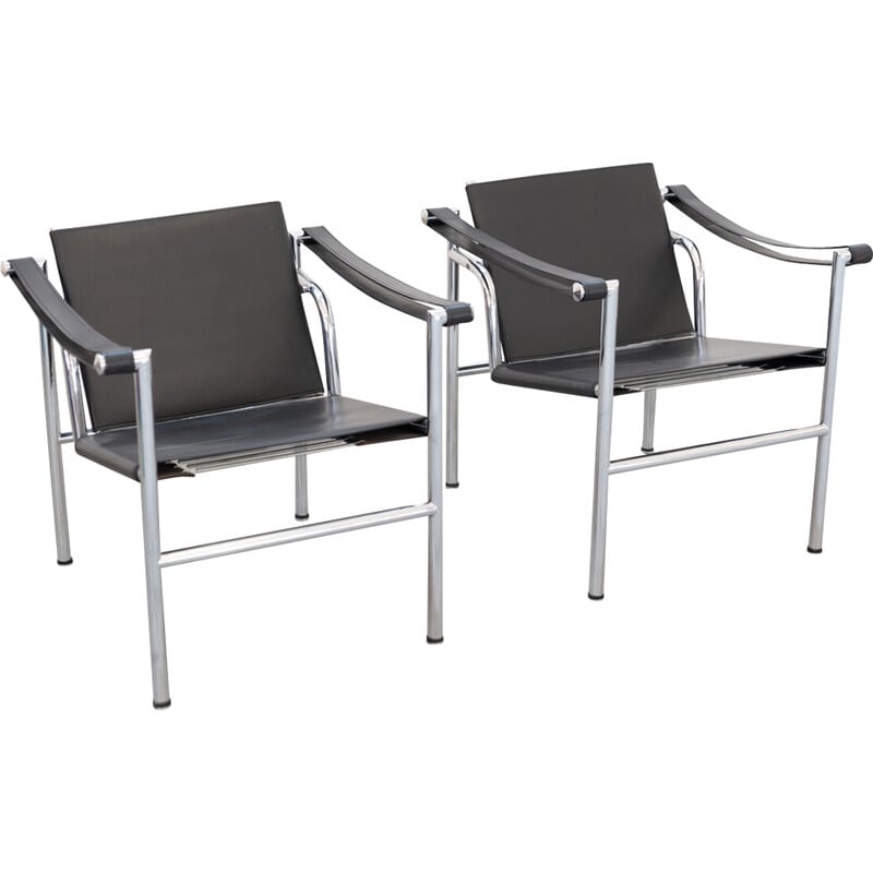 Pair of vintage LC1 armchairs in leather and steel by Le Corbusier and Pierre Jenneret for Cassina, Italy 1970