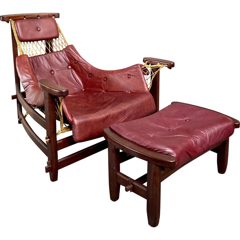 Vintage Jangada armchair with ottoman in rosewood and nylon by Jean Gillon for Cidam, Brazil 1968