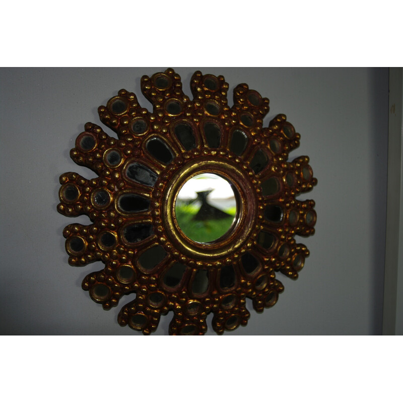 Vintage multi-faceted witch mirror in gilded wood, 1950