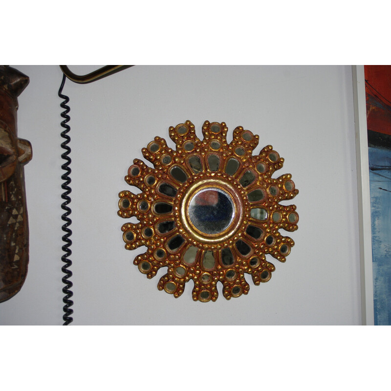 Vintage multi-faceted witch mirror in gilded wood, 1950