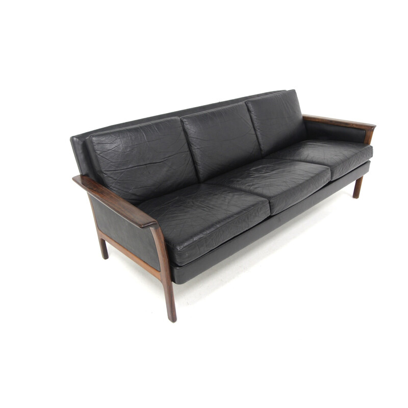 Vintage 3-seater sofa in rosewood and leather, Sweden 1960