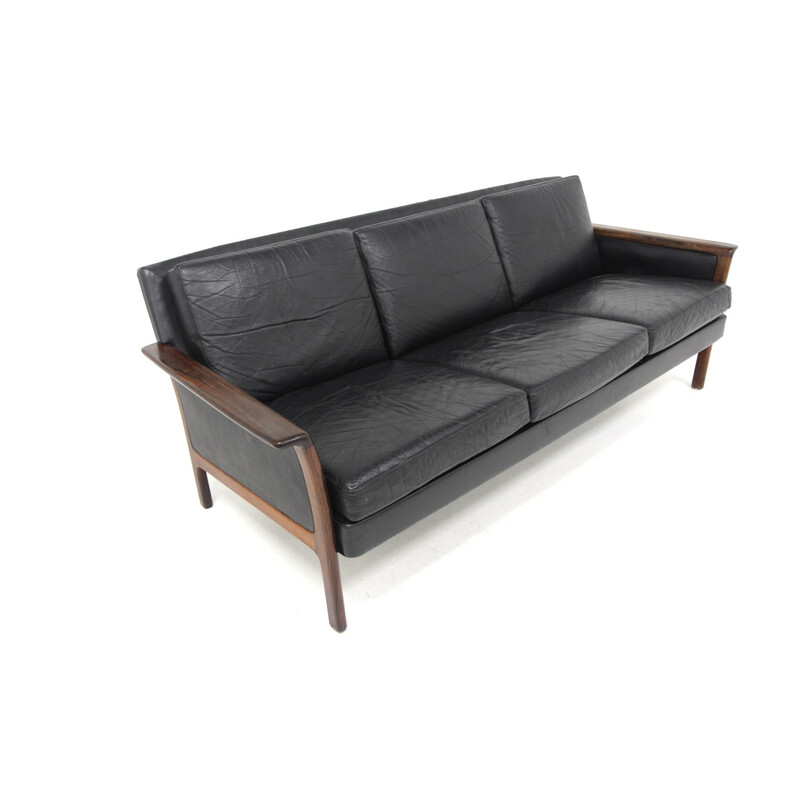 Vintage 3-Sitzer-Sofa aus Palisander und Leder, Schweden 1960