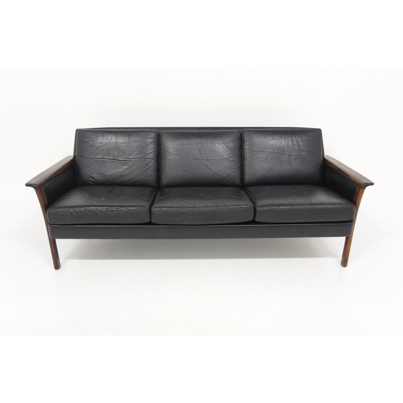 Vintage 3-Sitzer-Sofa aus Palisander und Leder, Schweden 1960