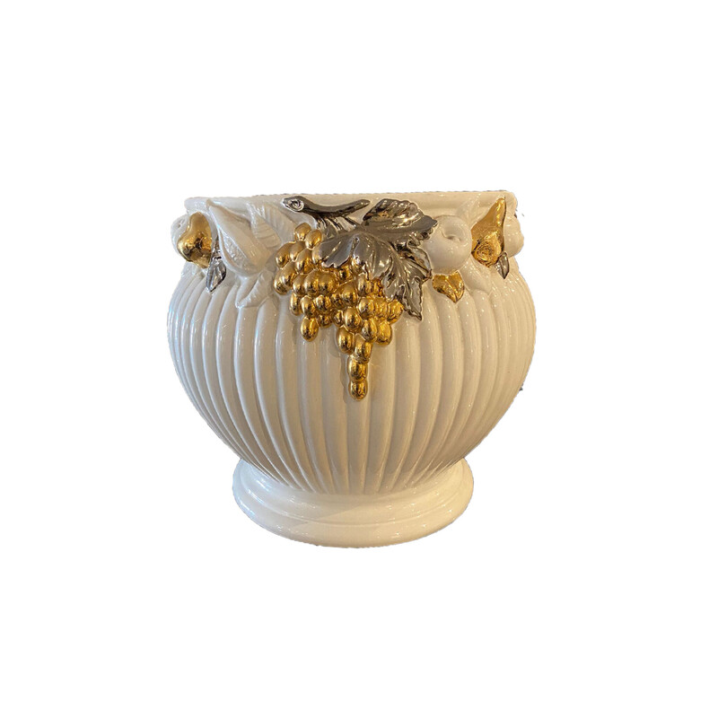 Vintage white lacquered ceramic vases with gold decorations, Italy 1970