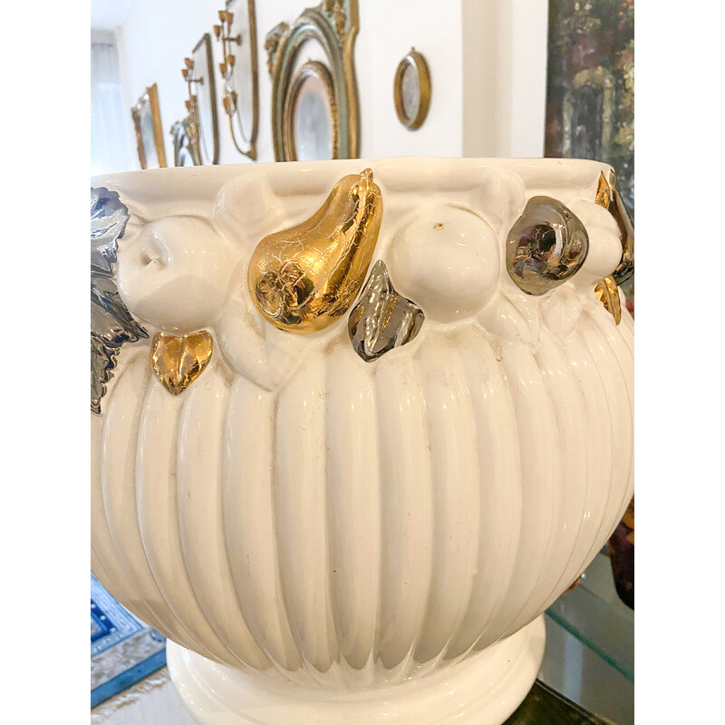 Vintage white lacquered ceramic vases with gold decorations, Italy 1970