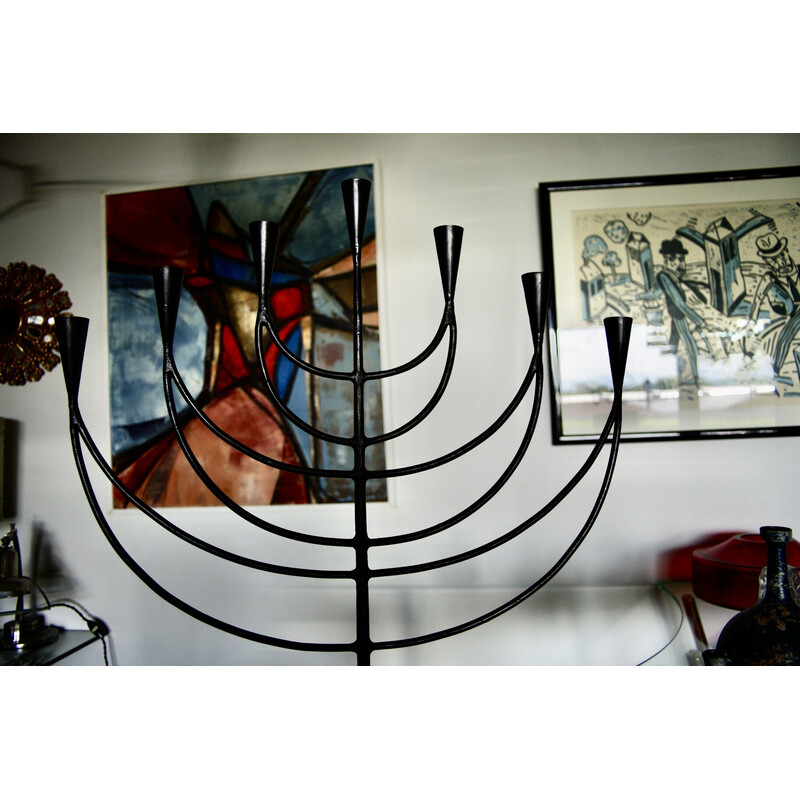 Vintage menorah in wrought and beaten iron, Sweden 1950