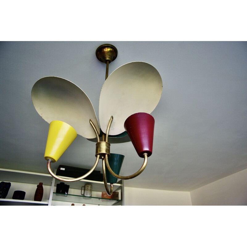 Vintage tricolour chandelier in lacquered sheet metal, 1950