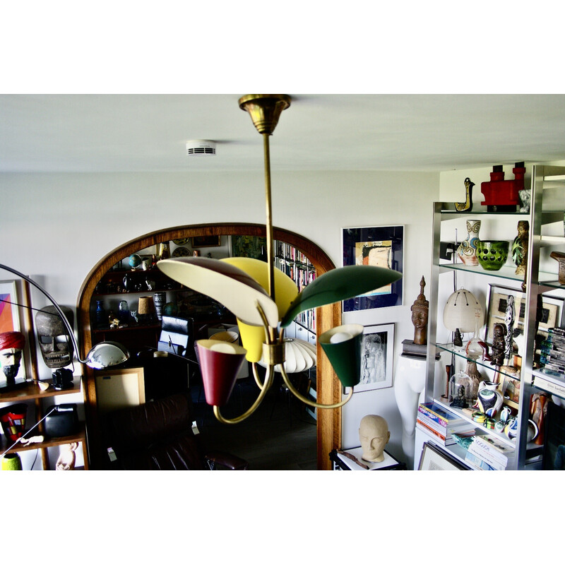 Vintage tricolour chandelier in lacquered sheet metal, 1950