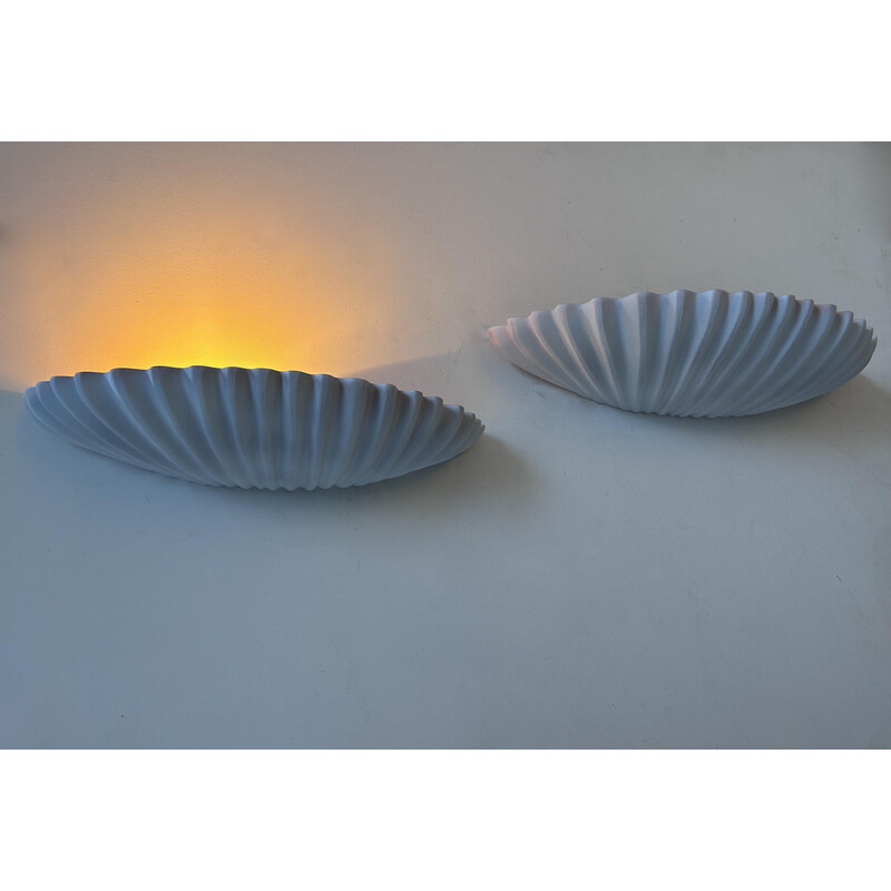 Pair of vintage shell wall lamp in plaster, France 1970
