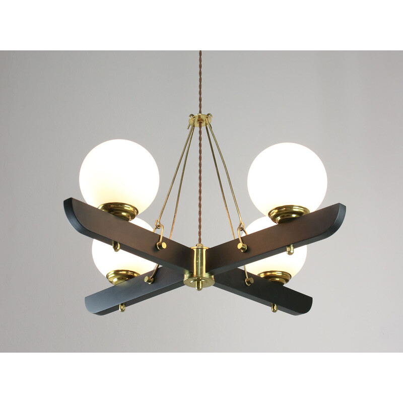 Vintage brass and opaline chandelier, Italy 1960