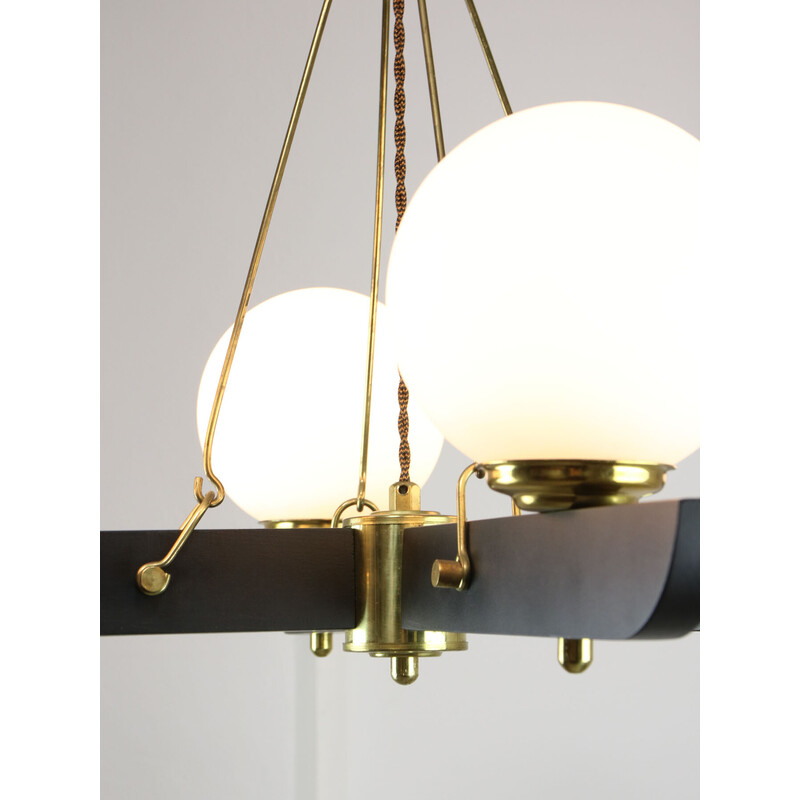 Vintage brass and opaline chandelier, Italy 1960