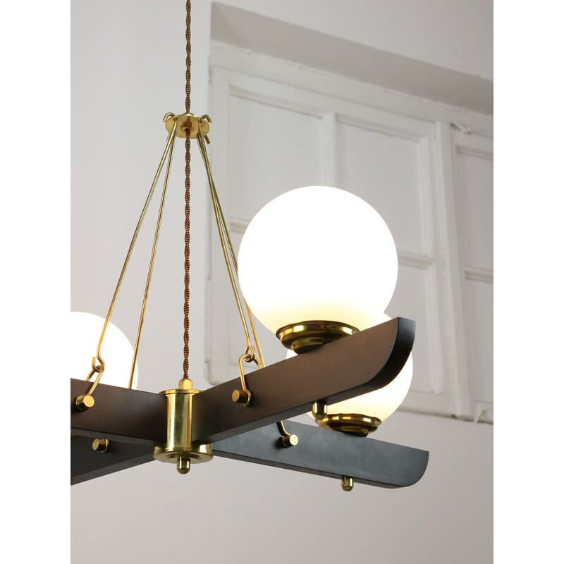Vintage brass and opaline chandelier, Italy 1960