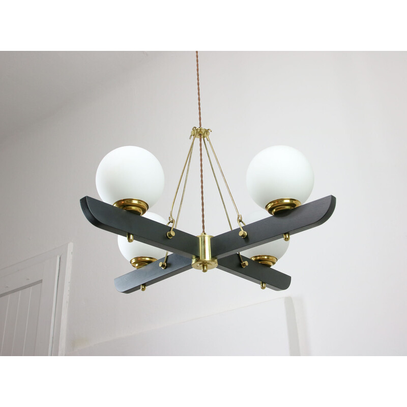Vintage brass and opaline chandelier, Italy 1960