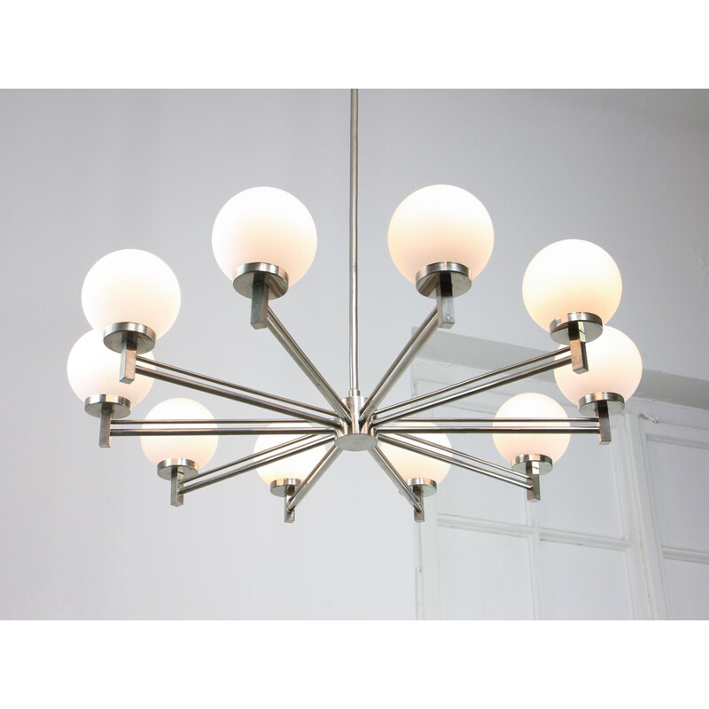 Vintage 10-arm chrome and opaline chandelier, Italy 1970