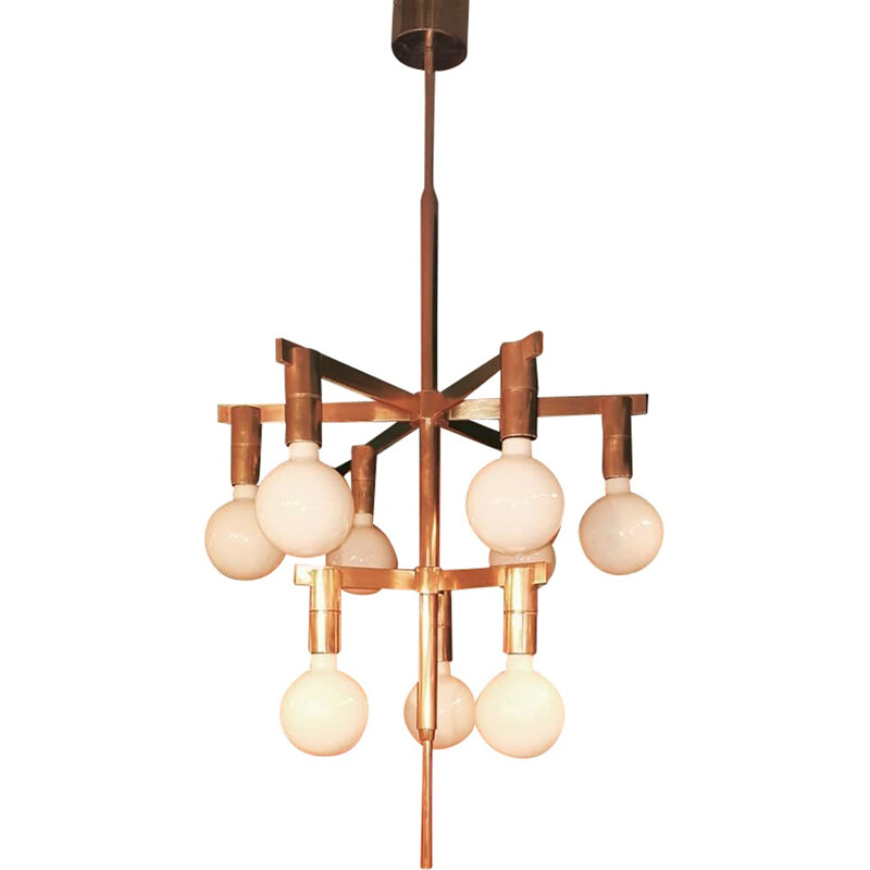 Scandinavian golden brass chandelier with 9 arms - 1960s