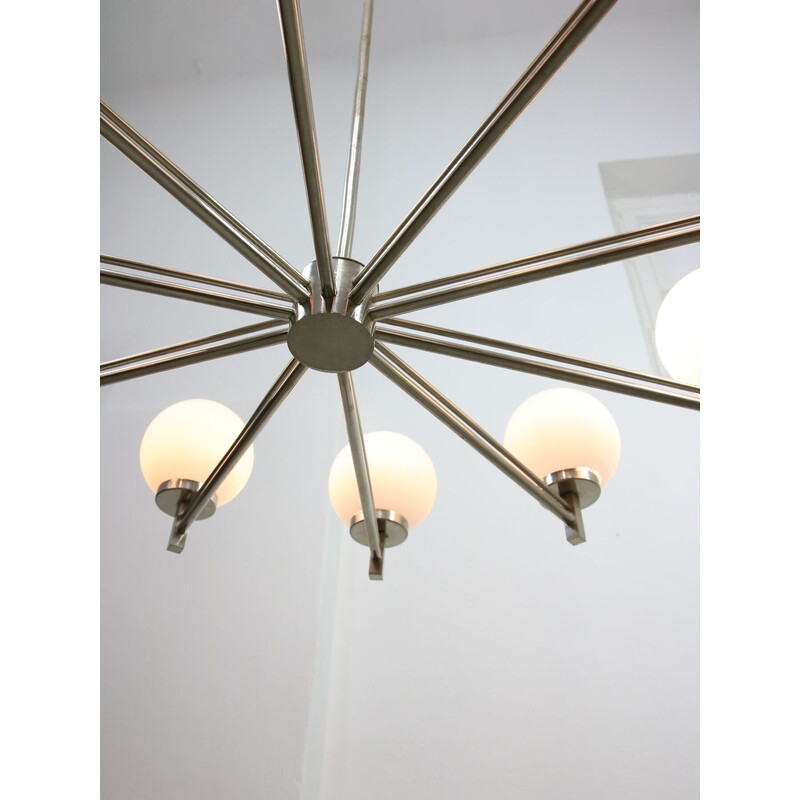 Vintage 10-arm chrome and opaline chandelier, Italy 1970
