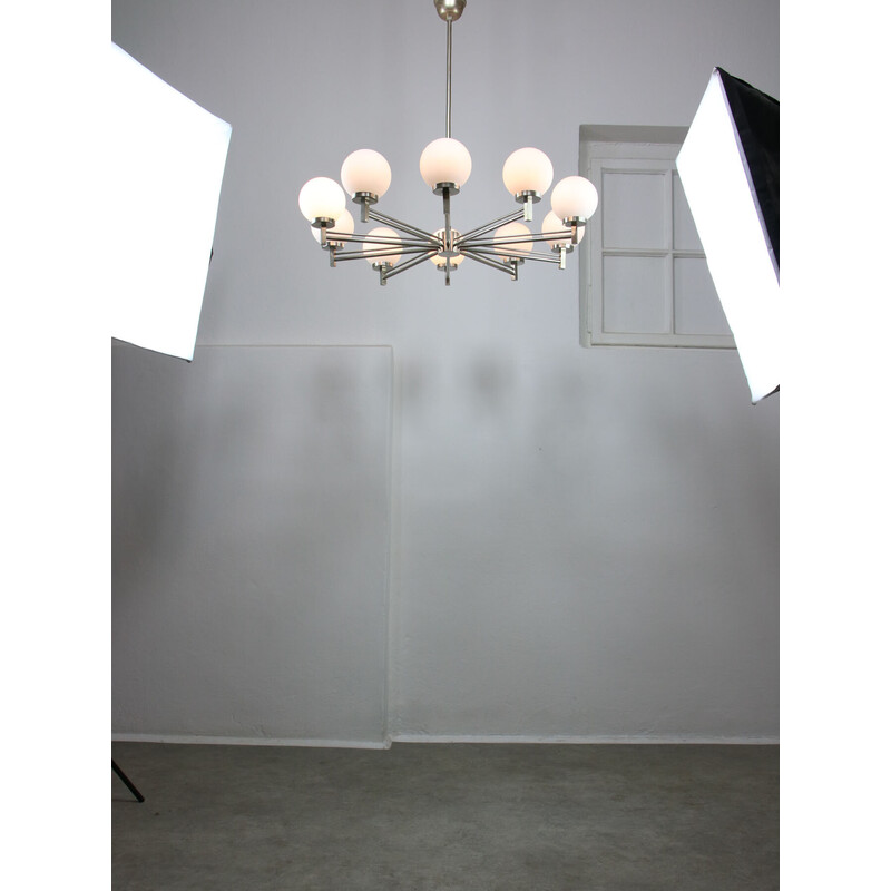 Vintage 10-arm chrome and opaline chandelier, Italy 1970