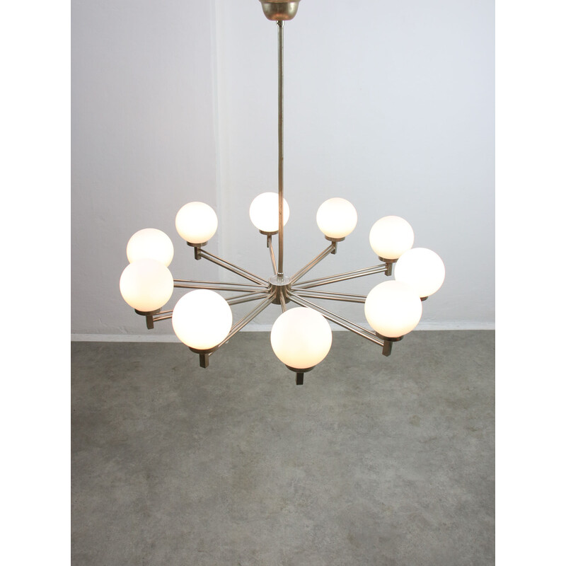 Vintage 10-arm chrome and opaline chandelier, Italy 1970