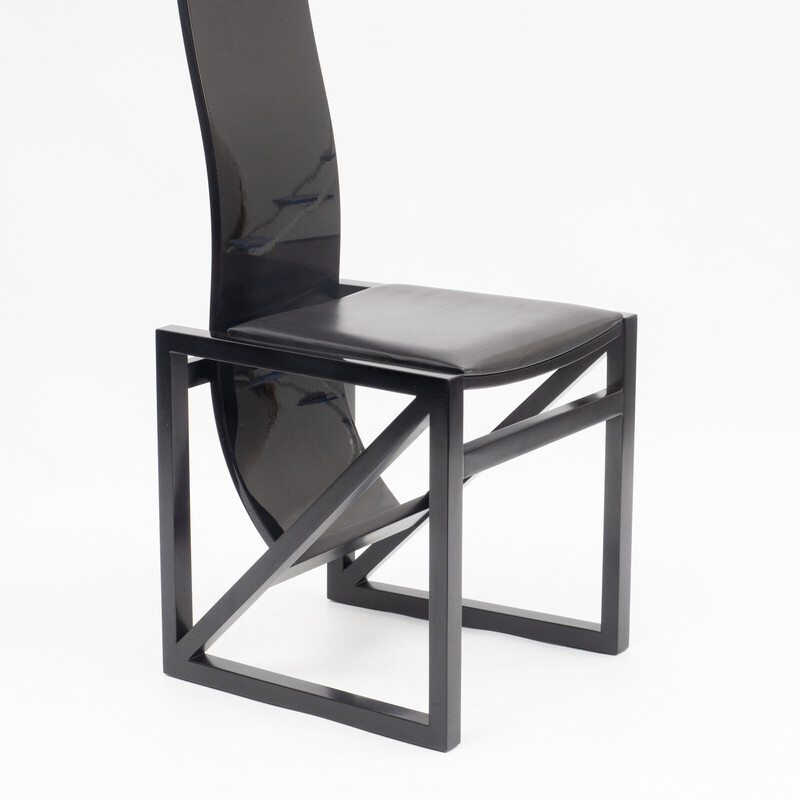 Set of 8 vintage "Edo" dining chairs in black lacquered wood and leather by Kisho Kurokawa for Ppm, 1980