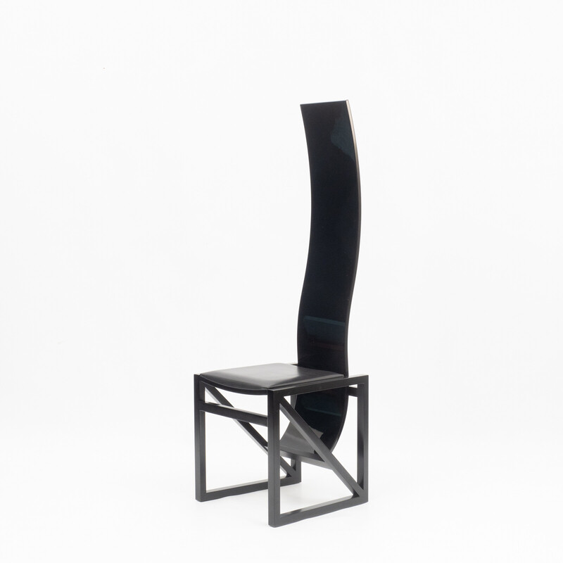 Set of 8 vintage "Edo" dining chairs in black lacquered wood and leather by Kisho Kurokawa for Ppm, 1980