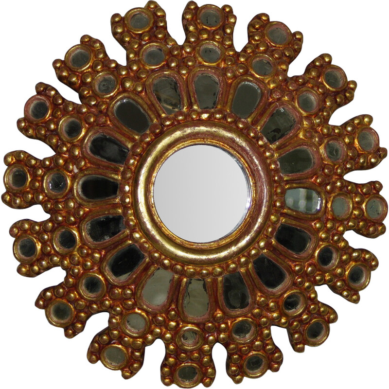 Vintage multi-faceted witch mirror in gilded wood, 1950