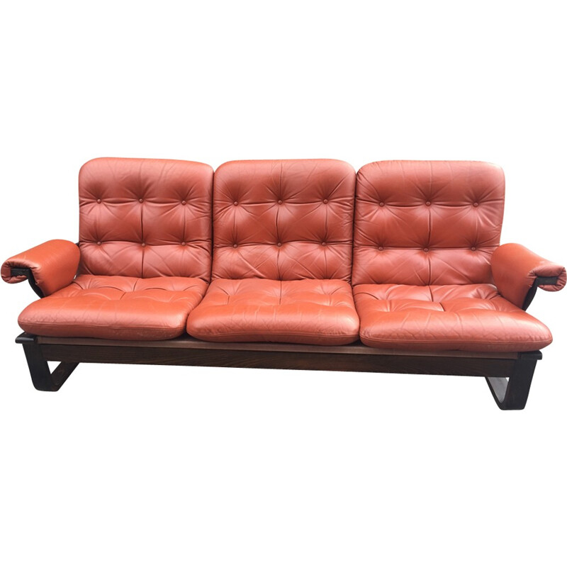 Laminated wood and red orange leather Sofa - 1970s