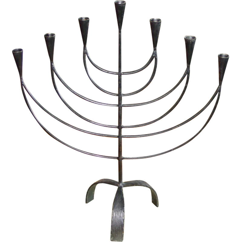 Vintage menorah in wrought and beaten iron, Sweden 1950