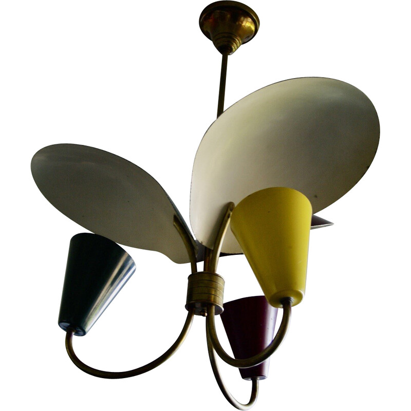 Vintage tricolour chandelier in lacquered sheet metal, 1950