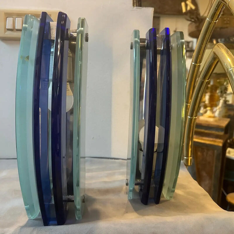 Paire d'appliques vintage Space Age en verre lourd bleu pour Veca, Italie 1960