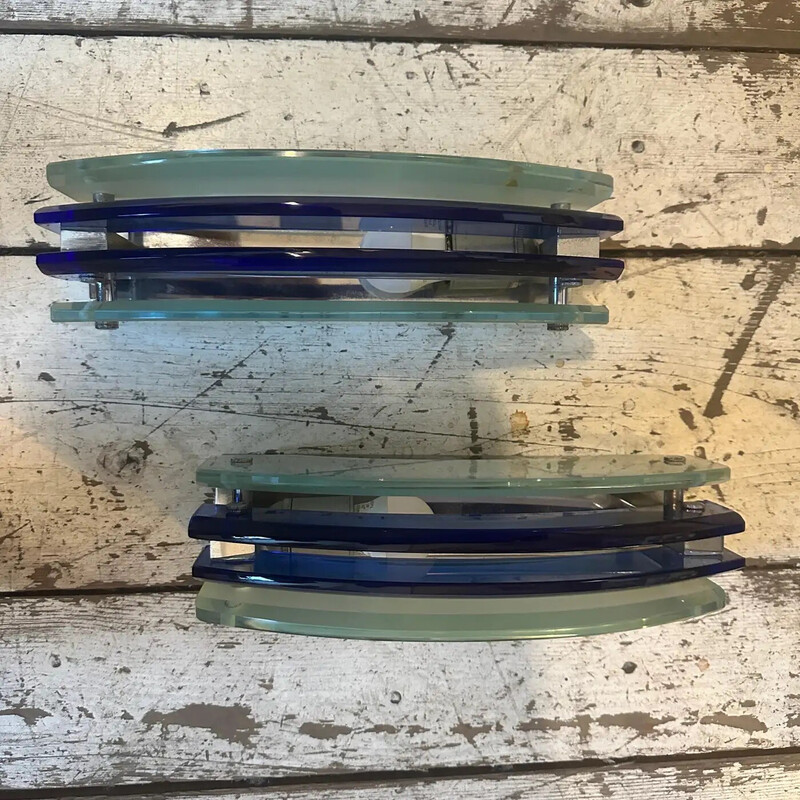 Pair of vintage Space Age wall lamp in heavy blue glass for Veca, Italy 1960
