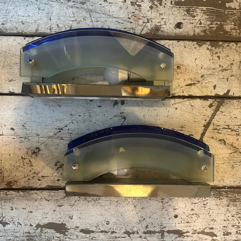 Pair of vintage Space Age wall lamp in heavy blue glass for Veca, Italy 1960