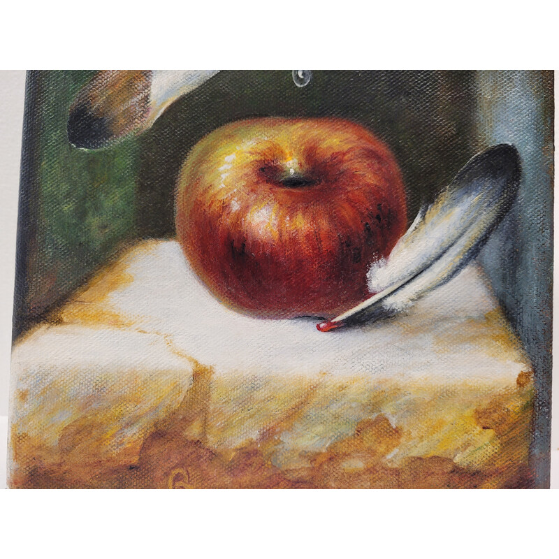 Vintage painting depicting a red manzana by Javier Rodríguez Quesada