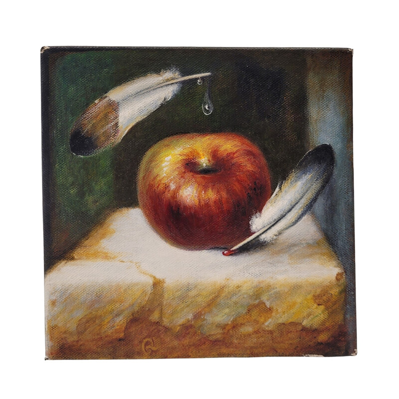 Vintage painting depicting a red manzana by Javier Rodríguez Quesada