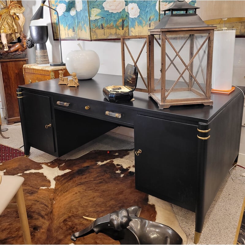 Table de bureau vintage Art Deco en bois laqué noir, France 1950