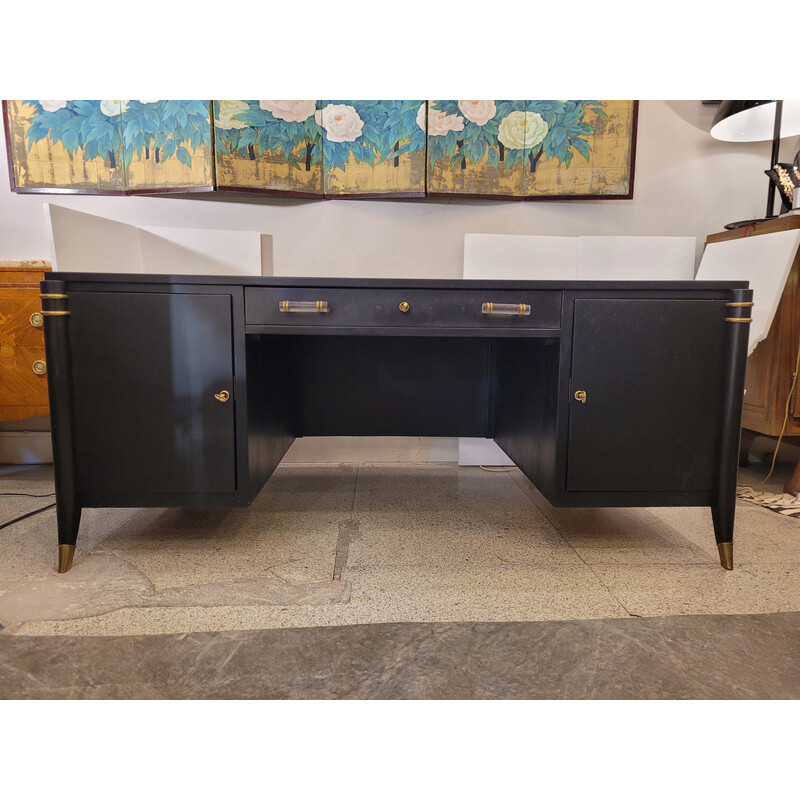 Vintage Art Deco Bürotisch aus schwarz lackiertem Holz, Frankreich 1950