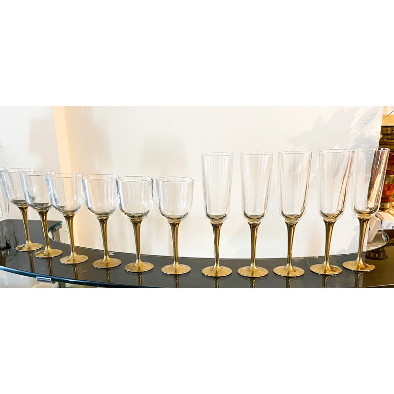 Set of 12 vintage Murano glass and brass boat glasses, Italy 1980