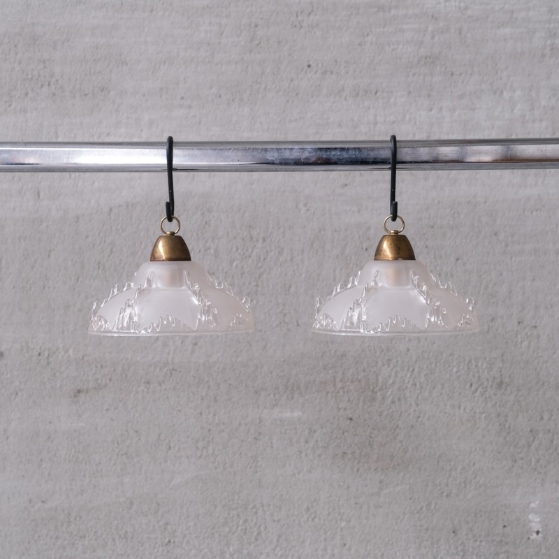 Pair of vintage “Ice” glass pendant lamp, France 1970