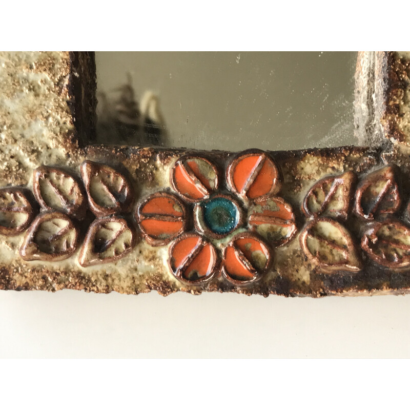 Miroir vintage en céramique émaillée à décor de fleurs pour La Roue à Vallauris