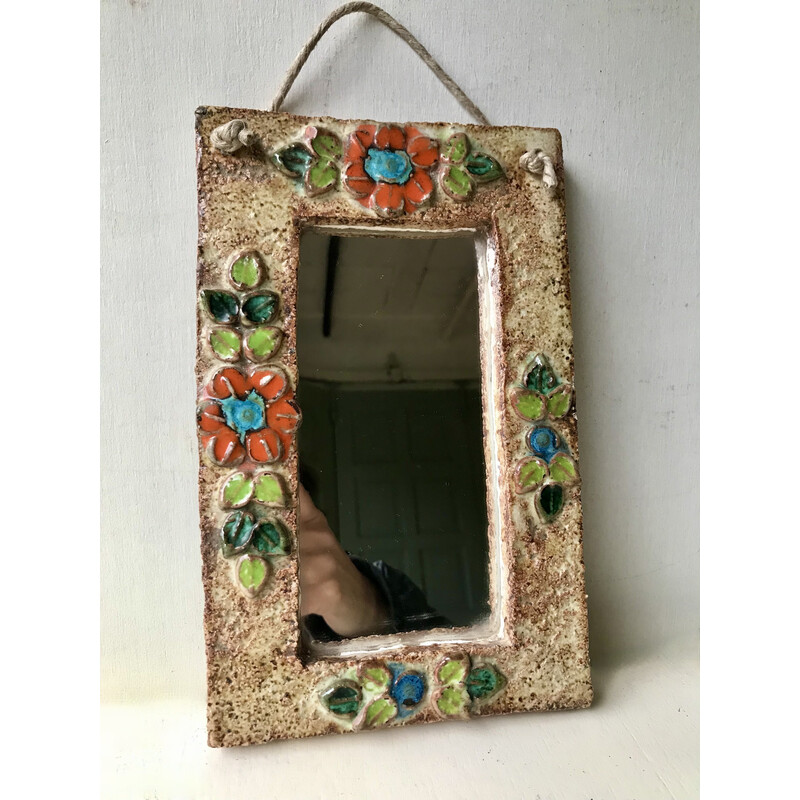 Specchio d'epoca in ceramica smaltata con disegno floreale per La Roue Vallauris