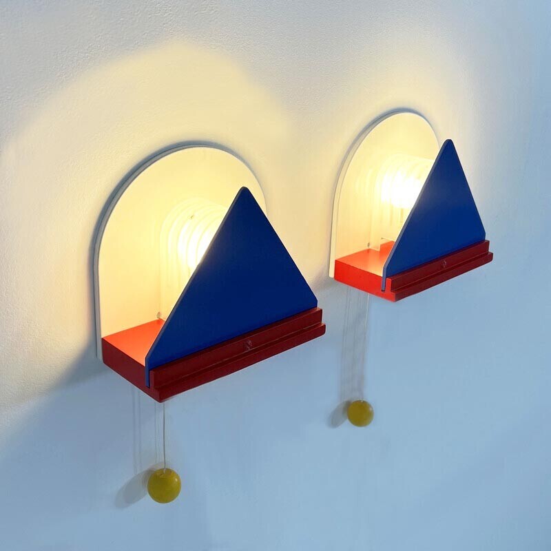 Pair of vintage metal and wood wall lamps by Ettore Sottsass for Ikea, Italy 1980